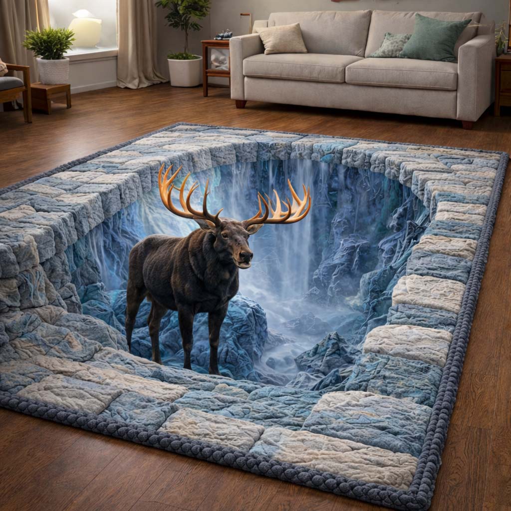 Glacial Falls Moose area rug in a living room