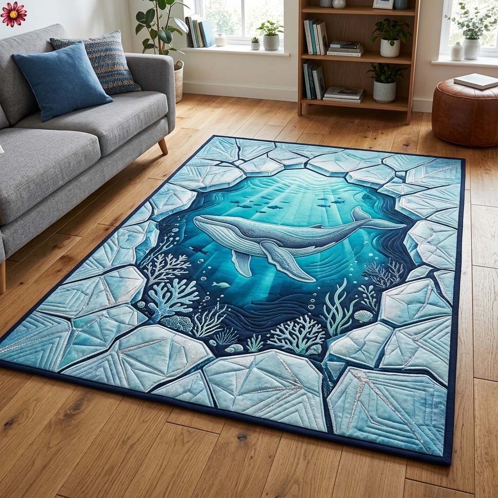 Glacier Whale Portal area rug in a living room