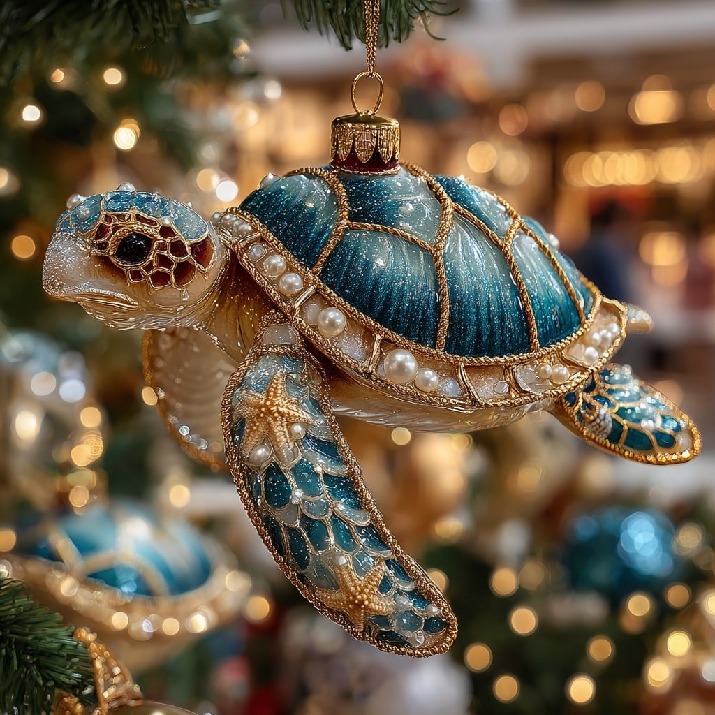 Glittery Aqua Turtle Christmas Ornament
