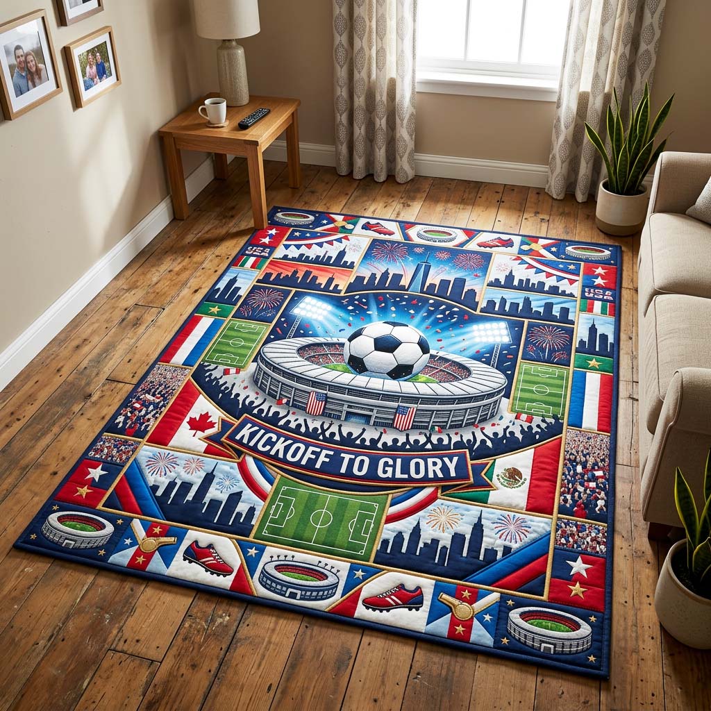Glory Stadium area rug in a living room