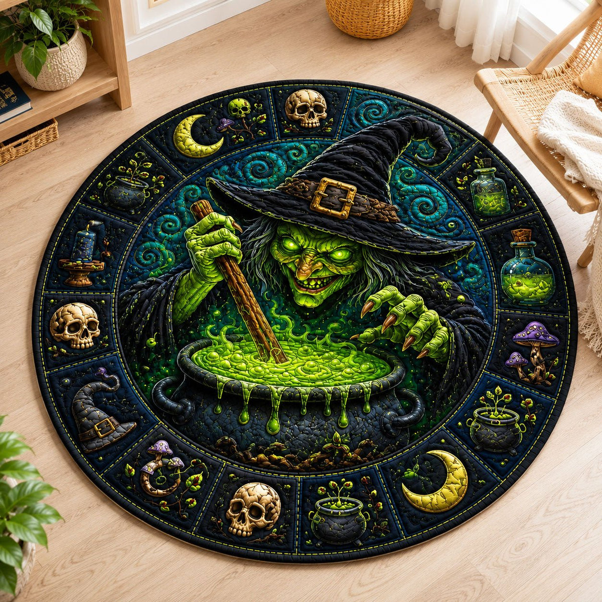 Glowing Cauldron Witch Halloween Round Mat Rug - washable non-slip printed rug