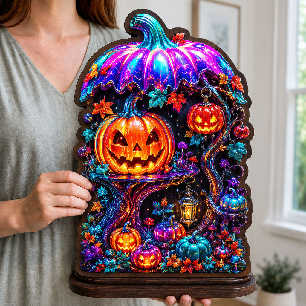 Glowing Pumpkin Garden wooden block, laser-cut 3-layer wood