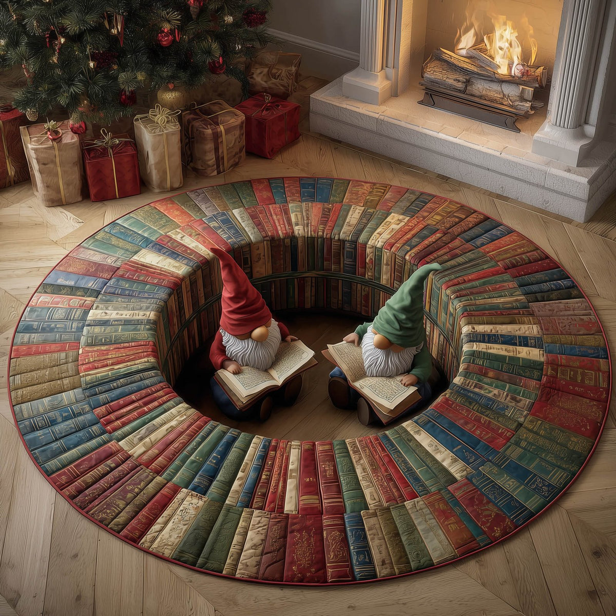 Gnome Bookworm Round Mat Rug - washable non-slip printed rug