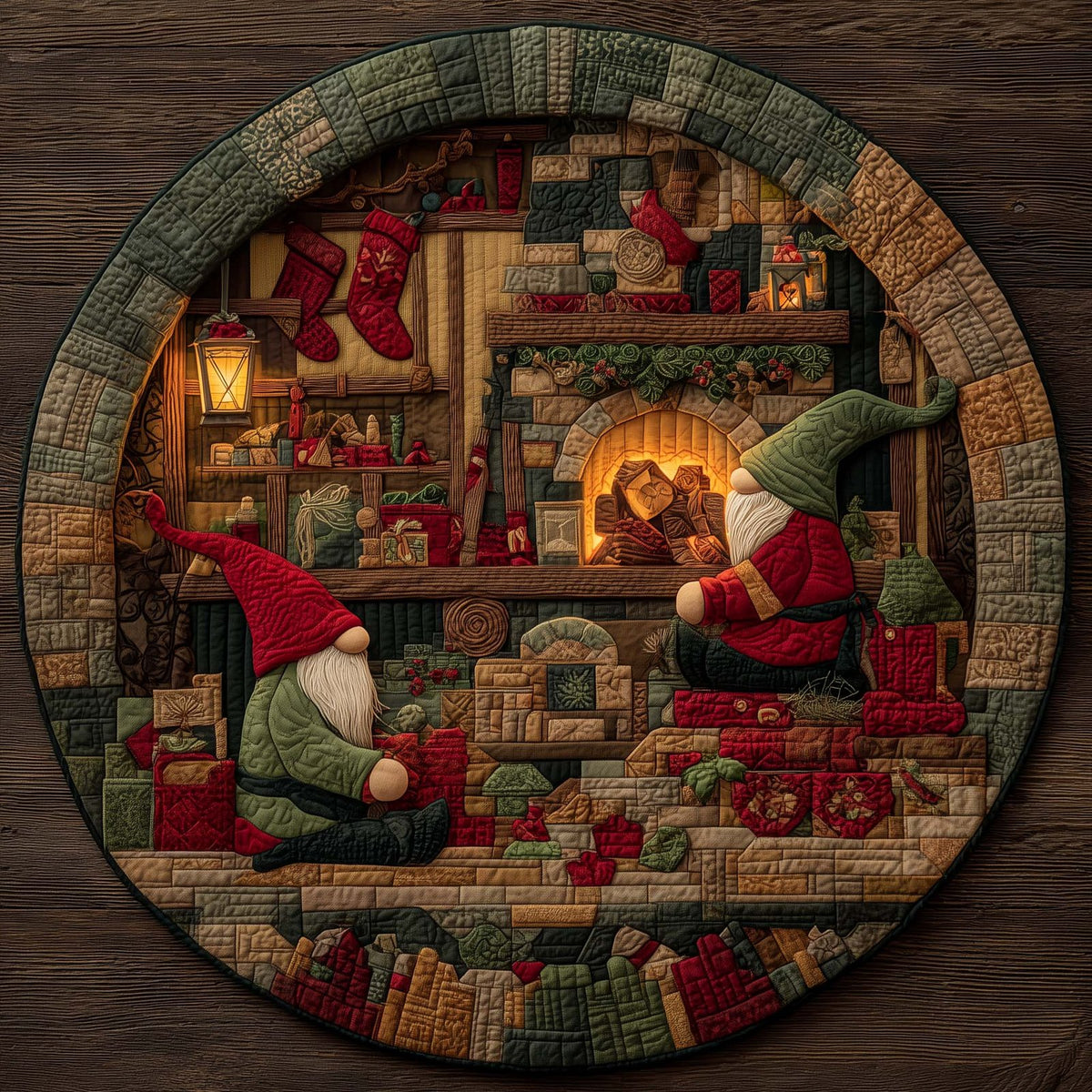 Gnome Fireplace Workshop Round Mat Rug - washable non-slip printed rug