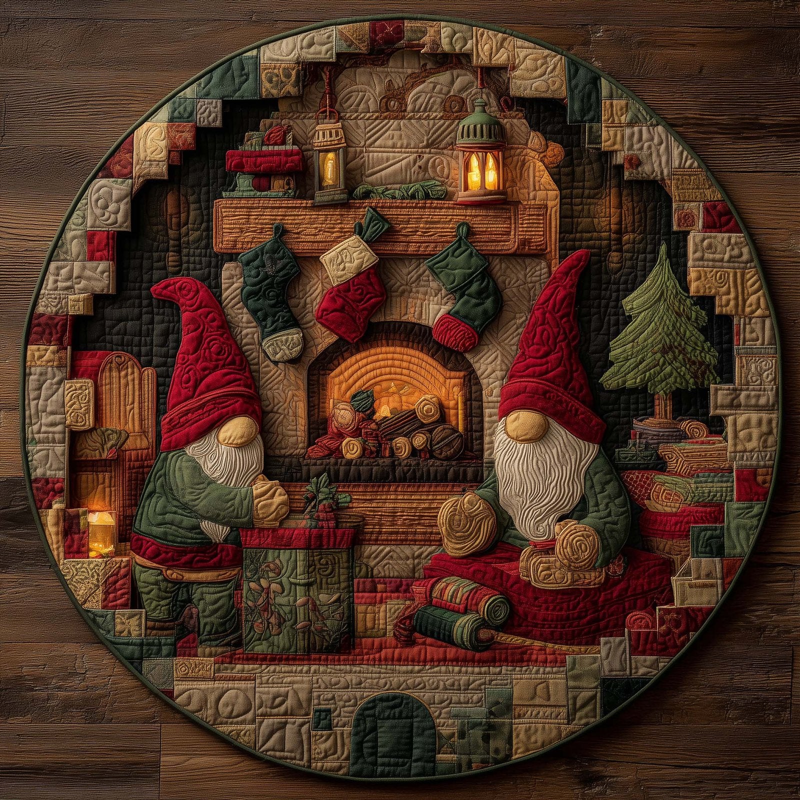 Gnome Fireplace Workshop Round Mat Rug - Nature Design | Serene Home Decor