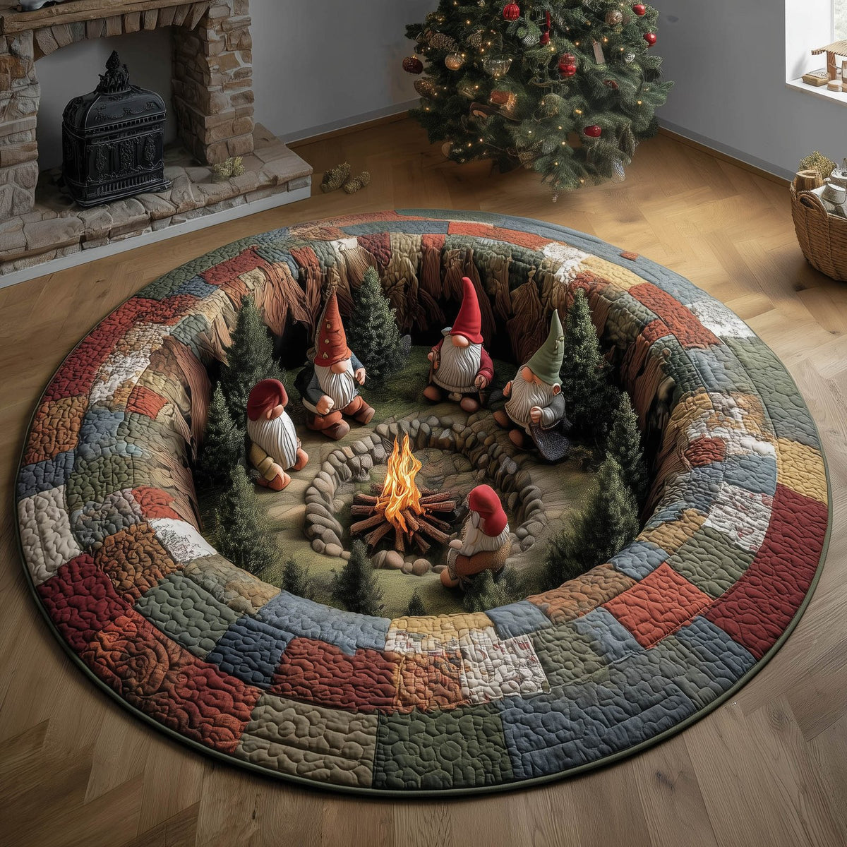 Gnome Gathering Round Mat Rug - washable non-slip printed rug