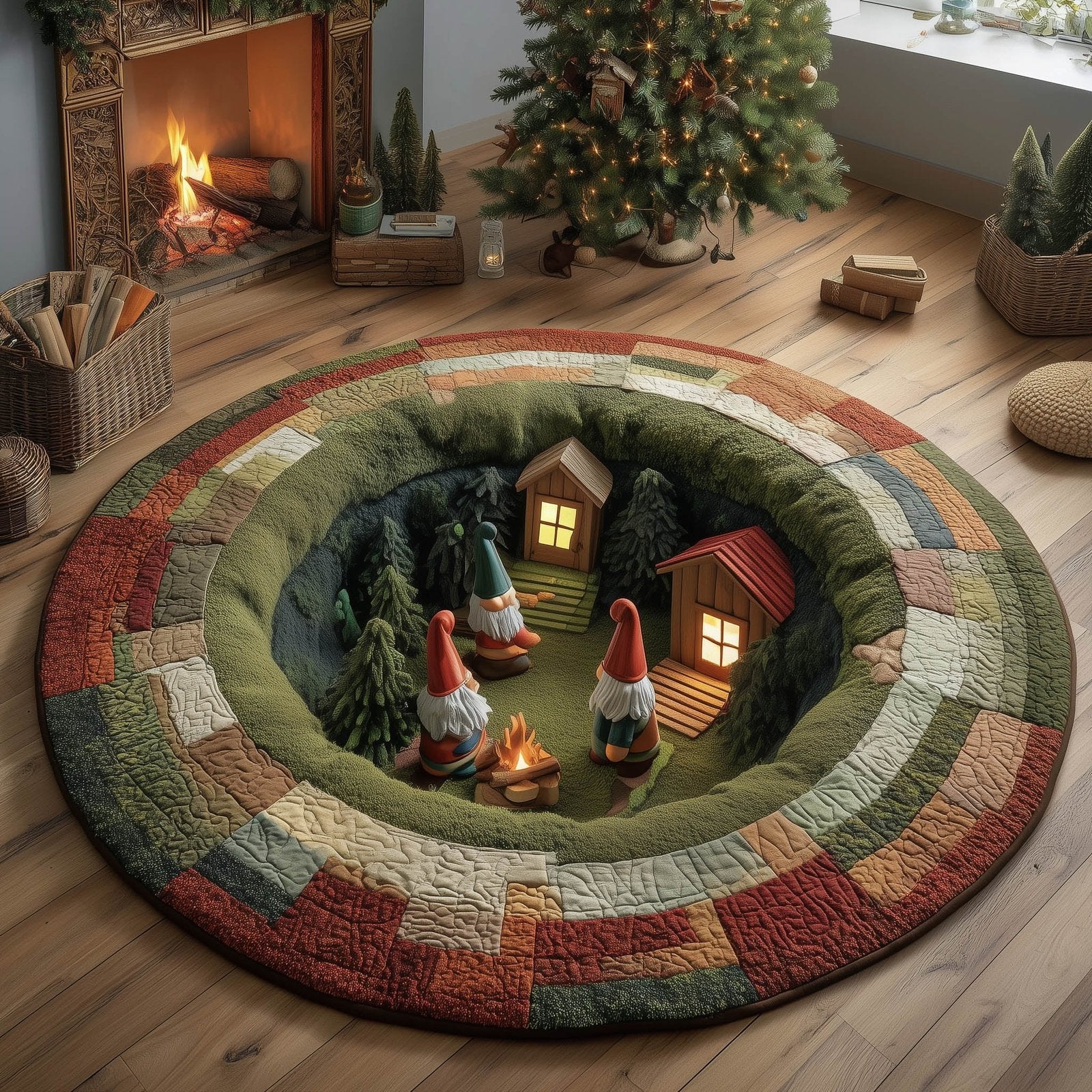 Gnome Gathering Round Mat Rug - Nature Design | Serene Home Decor