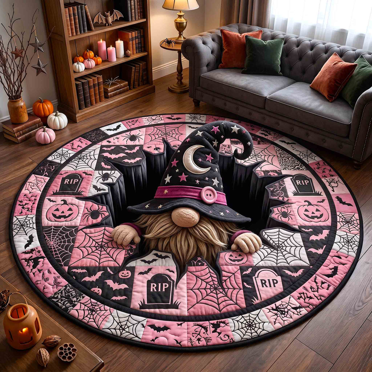 Gnome Halloween Magic Round Mat Rug - Seasonal Design | Seasonal Round Rug - washable non-slip printed rug