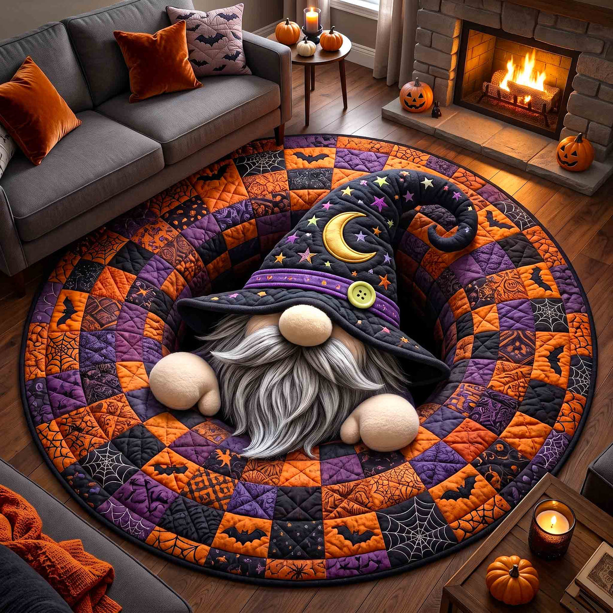 Gnome Halloween Magic Round Mat Rug - Seasonal Design | Seasonal Round Carpet - washable non-slip printed rug