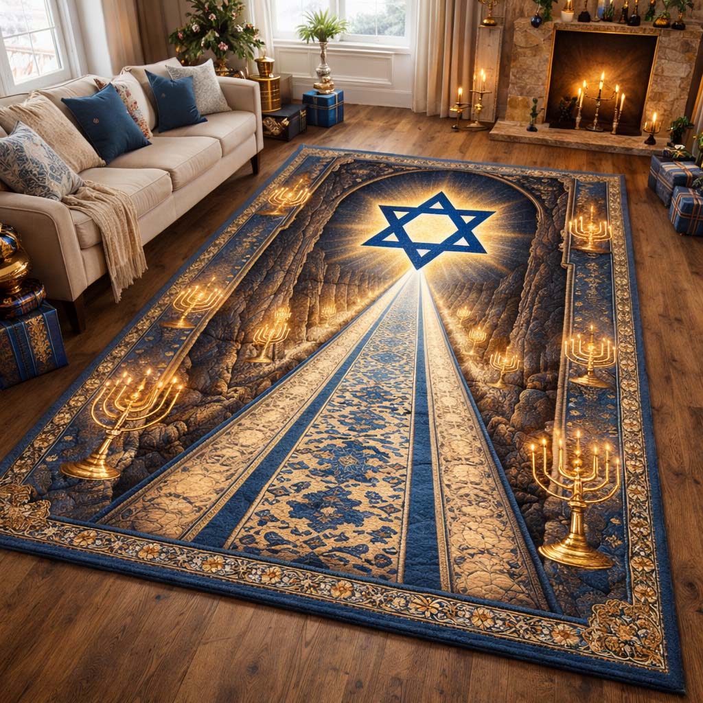 Gnome Hanukkah Joy area rug in a living room