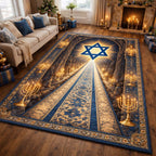Gnome Hanukkah Joy area rug in a living room