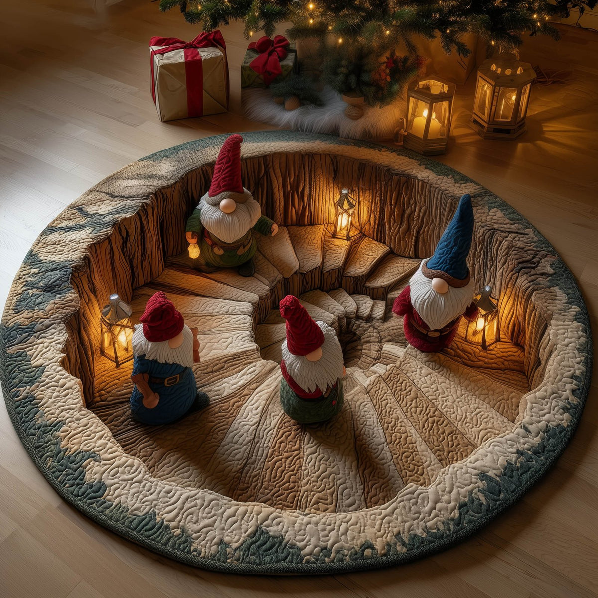 Gnome Holiday Christmas Round Mat Rug - washable non-slip printed rug