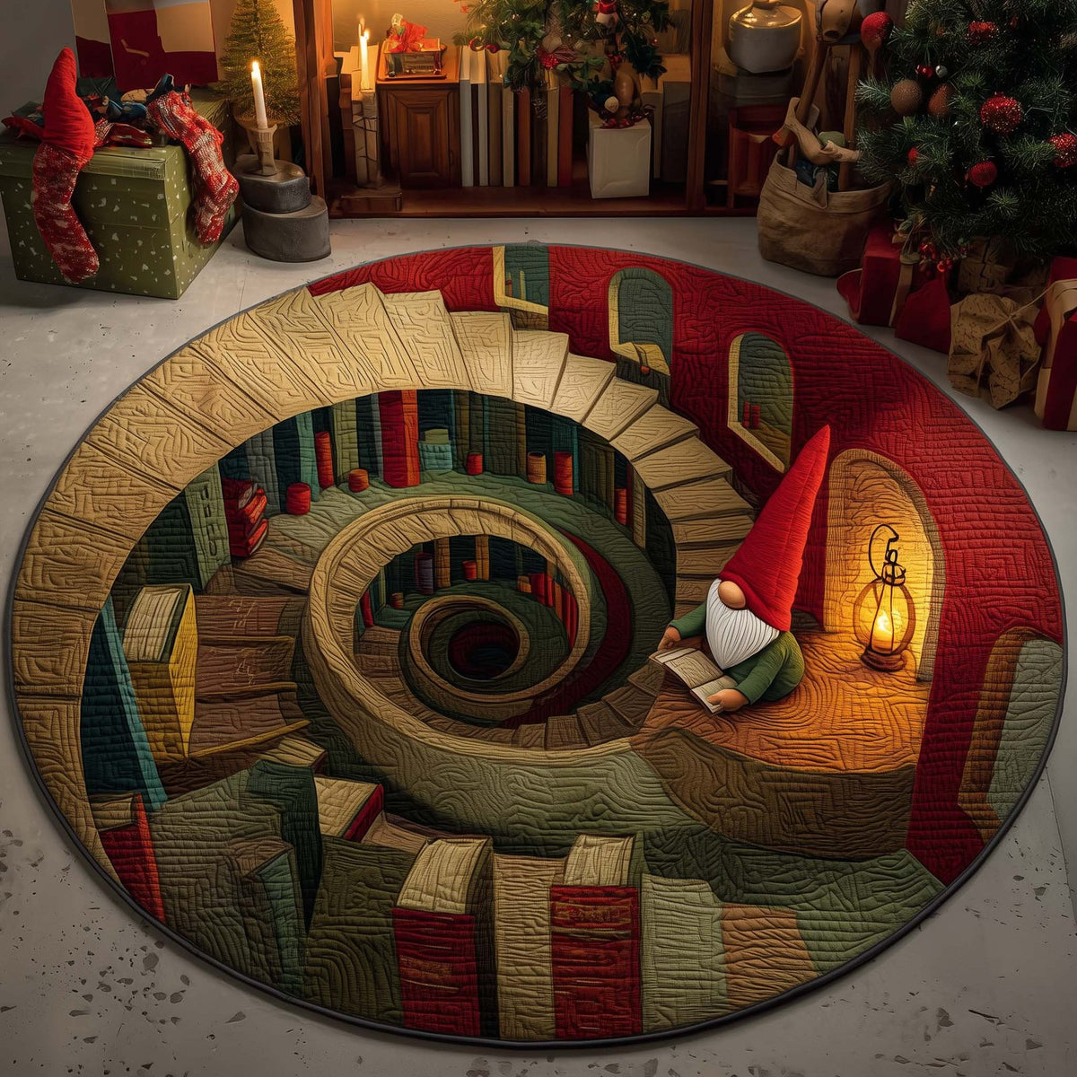 Gnome Library Round Mat Rug - washable non-slip printed rug