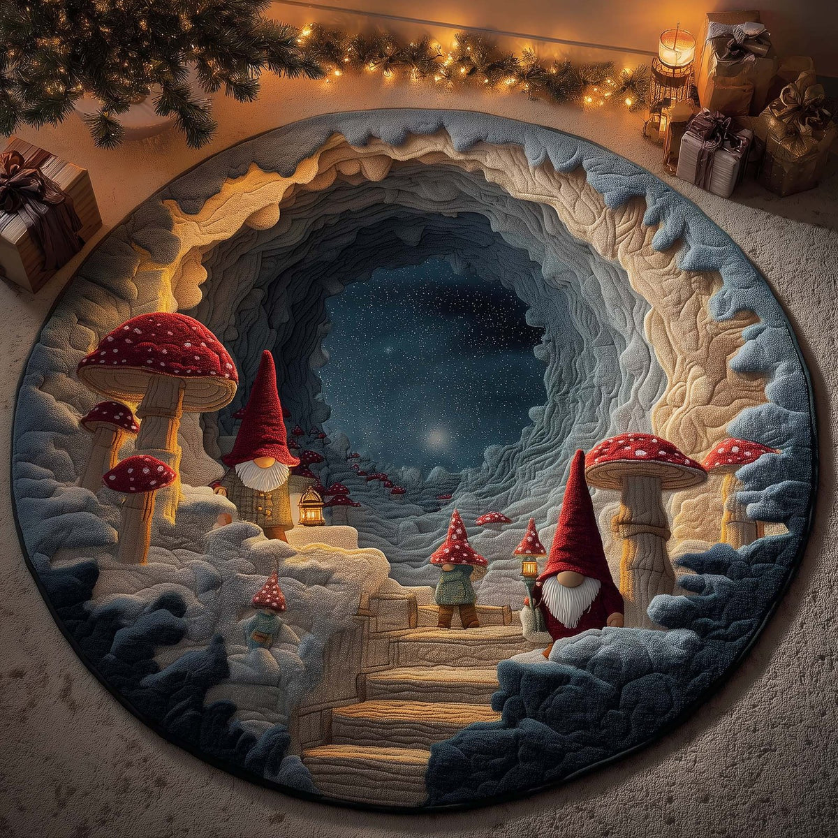 Gnome Mushrooms Round Mat Rug - washable non-slip printed rug