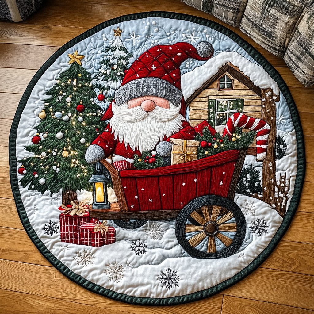 Gnome Noel Round Mat Rug - washable non-slip printed rug
