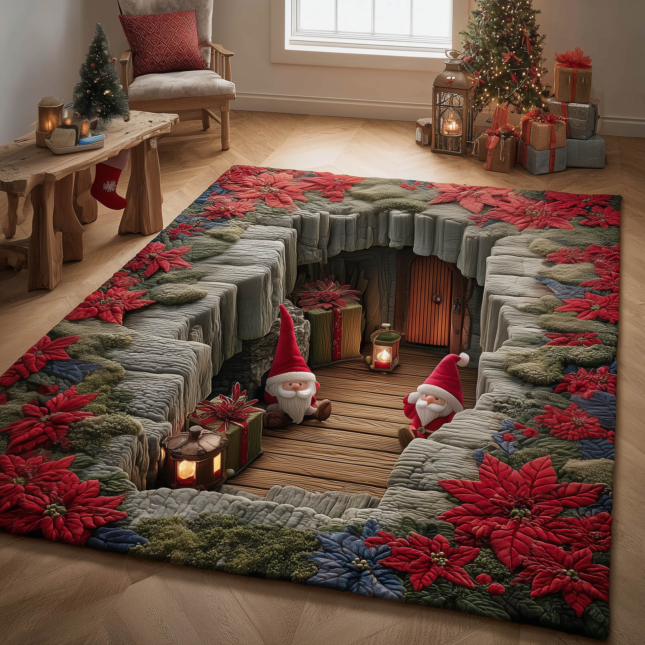 Gnome Secret Chamber area rug in a living room