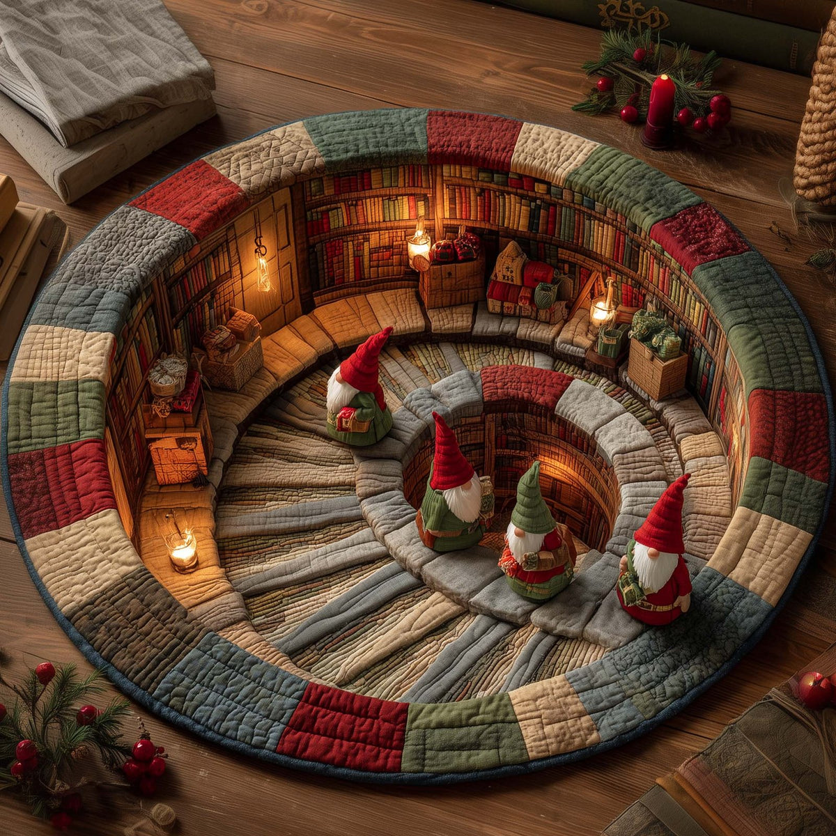 Gnome Spiral Library Round Mat Rug - washable non-slip printed rug