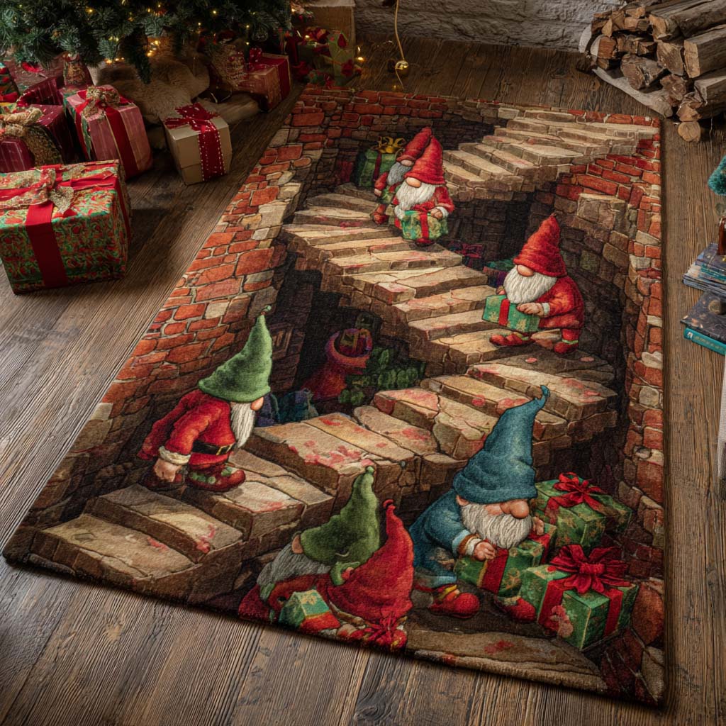Gnome Stairs area rug in a living room