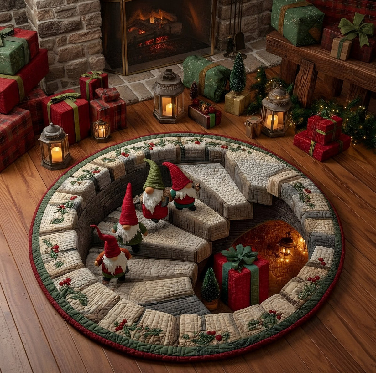 Gnome Stairs Round Mat Rug - washable non-slip printed rug