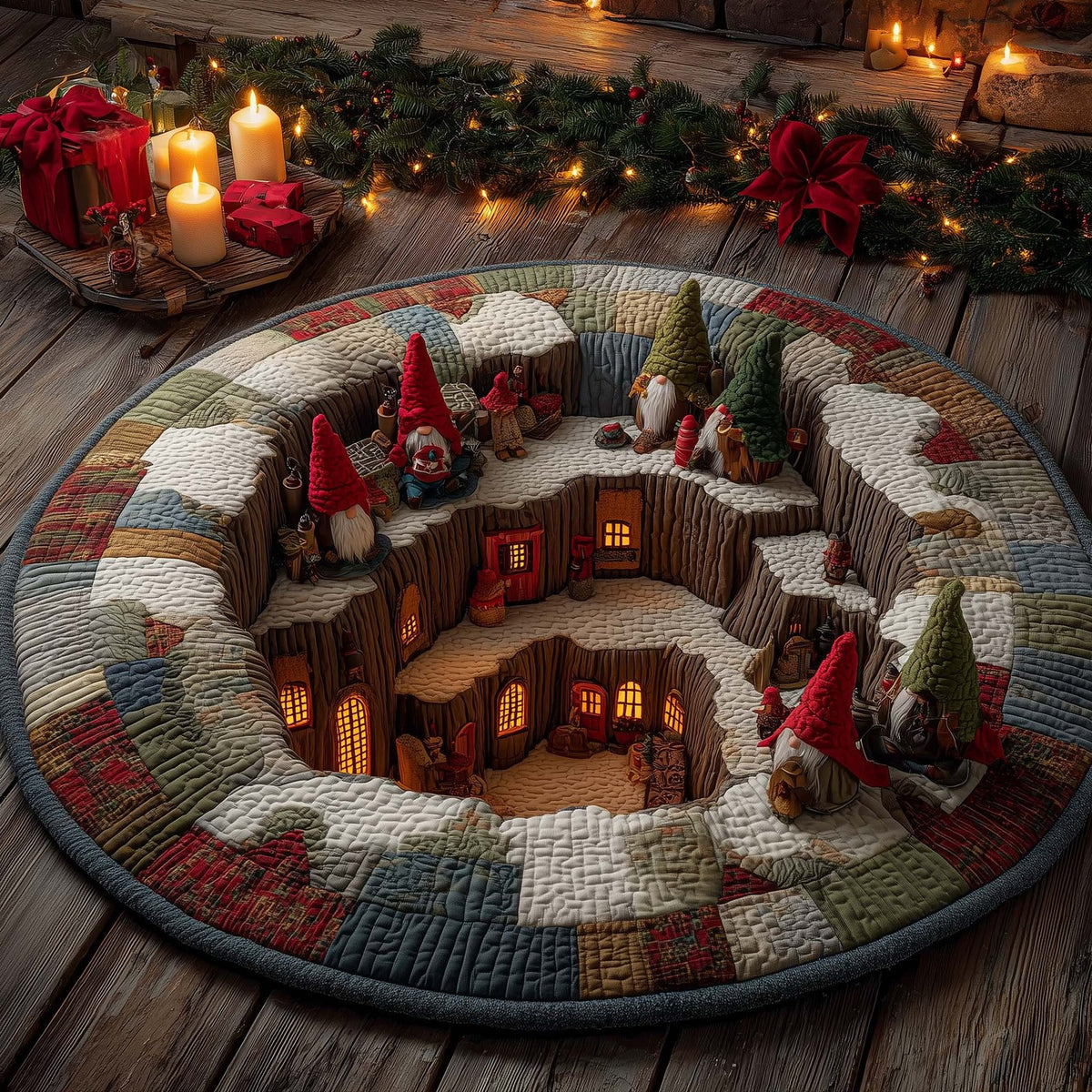 Gnome Village Below Round Mat Rug - washable non-slip printed rug