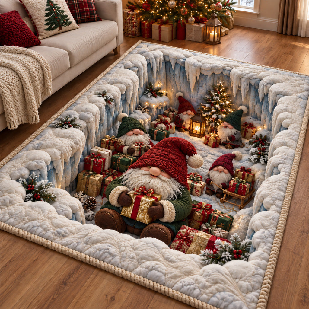 Gnome Winter Cave area rug in a living room