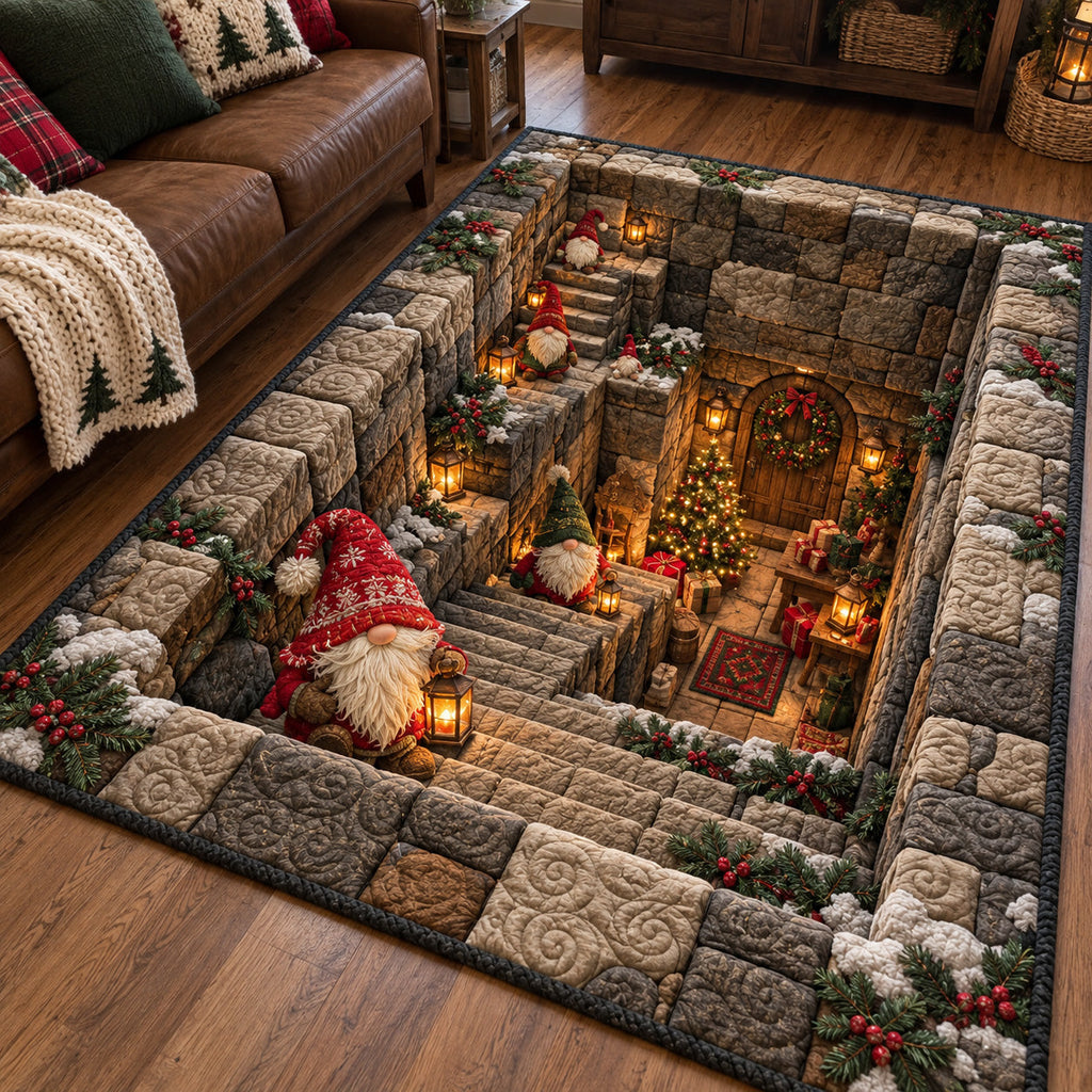 Gnome Winter Village area rug in a living room