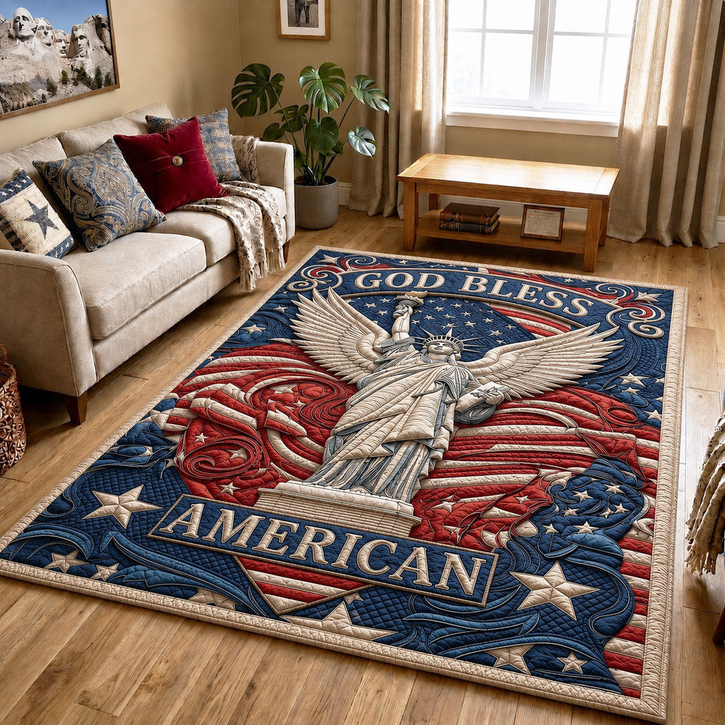 God Bless American area rug in a living room