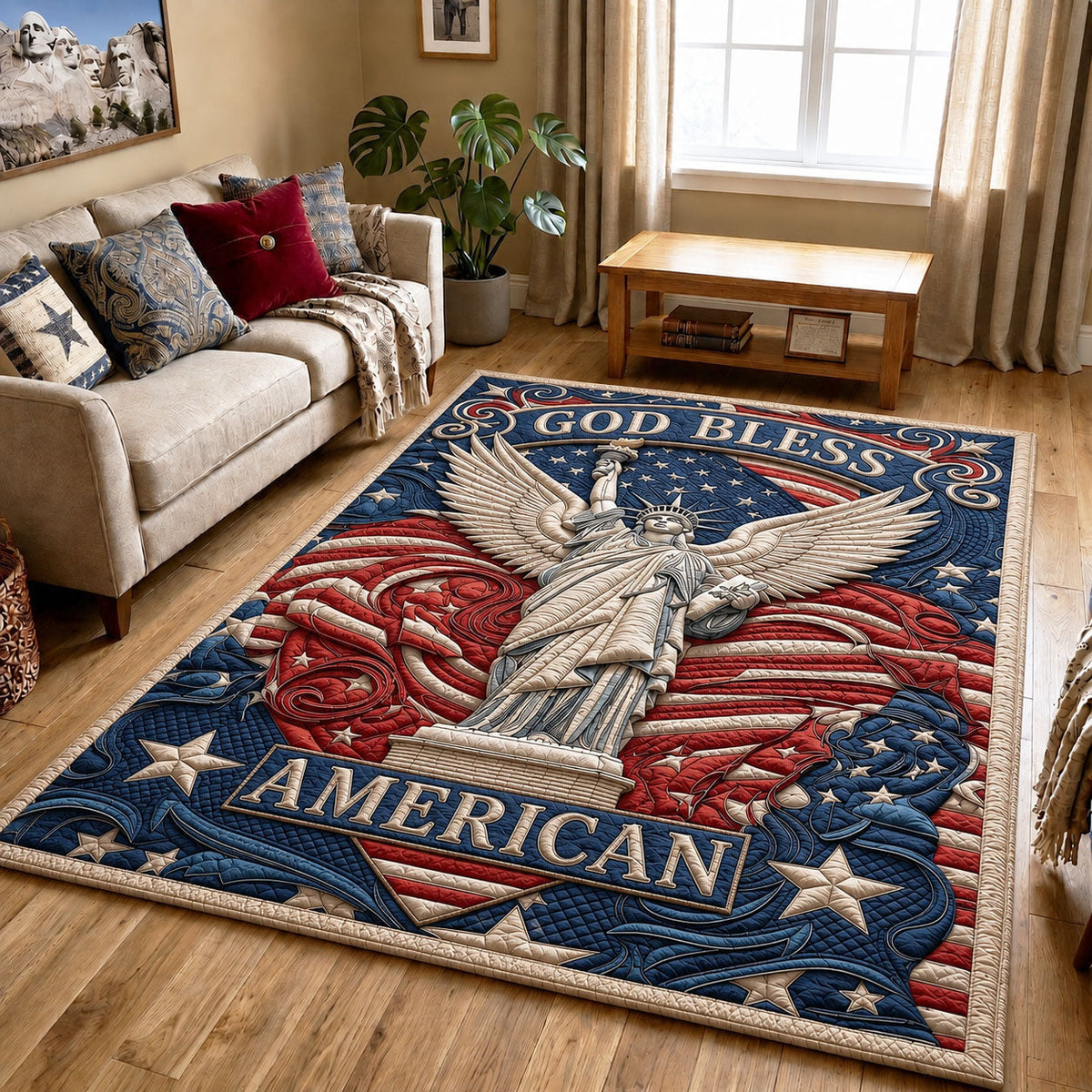 God Bless American area rug in a living room