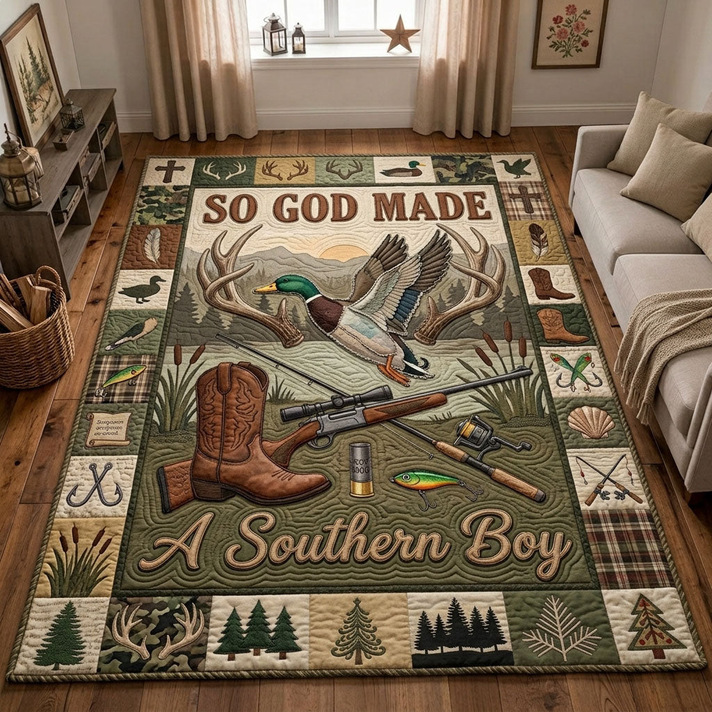 God Made A Southern Boy area rug in a living room