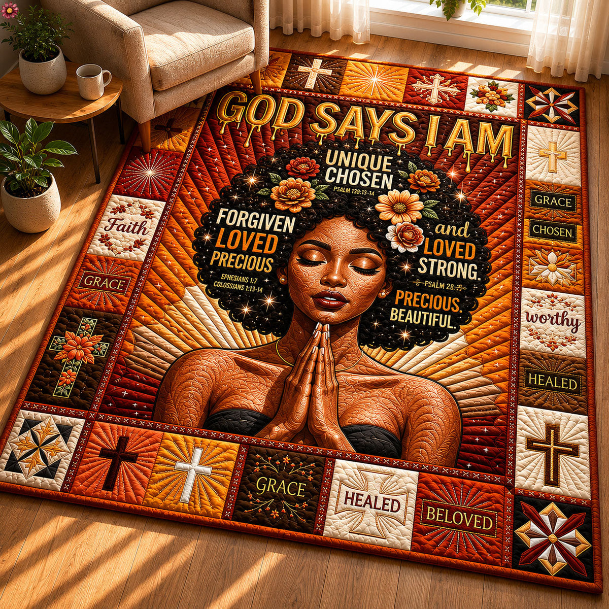 God Says I Am area rug in a living room