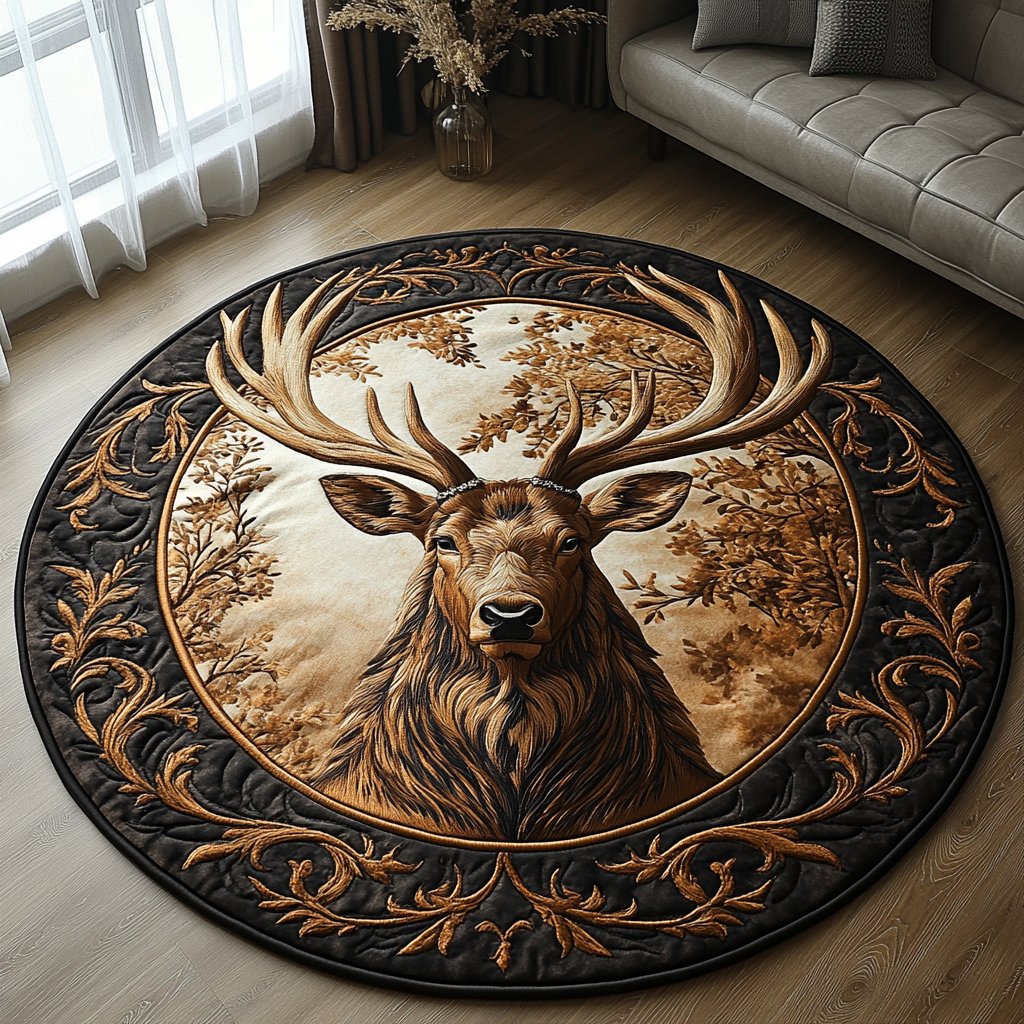 Golden Antlers Round Mat Rug - Nature Design | Serene Home Decor