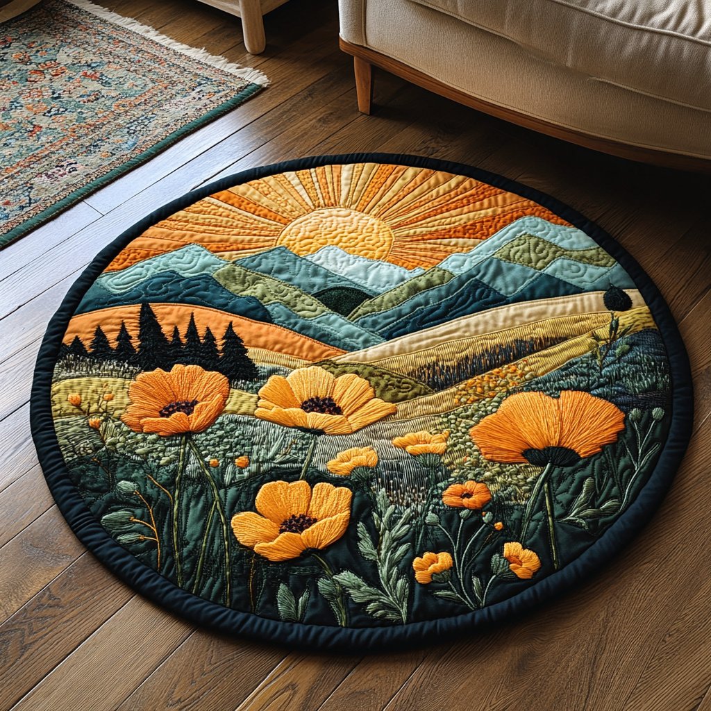 Golden California Poppy Round Mat Rug - Nature Design | Serene Home Decor