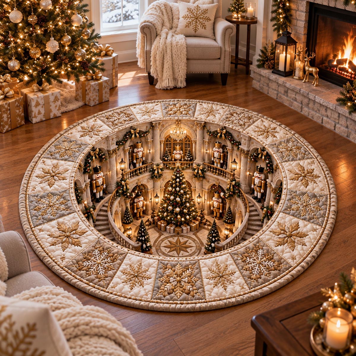 Golden Christmas Hall Round Mat Rug - Seasonal Design | Festive Home Decor - washable non-slip printed rug