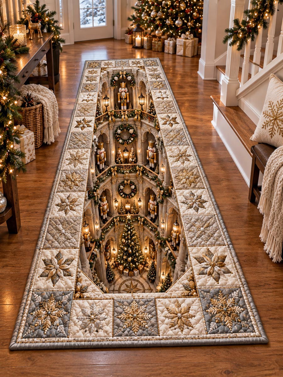 Golden Christmas Hall Runner Rug - Seasonal Design | Festive Runner Rug - washable non-slip printed rug