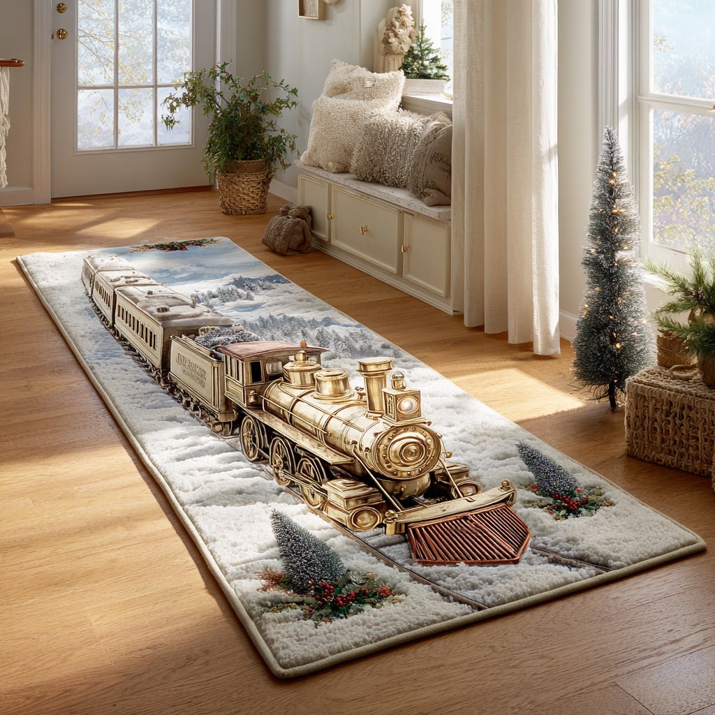 Golden Christmas Train Runner Carpet Runner Rug - Cute Pet Design | Animal Printed Runner Rug
