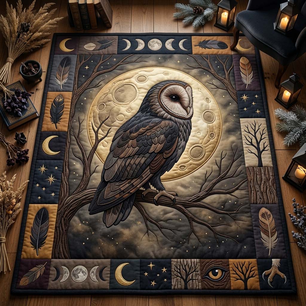 Golden Crescent Owl area rug in a living room