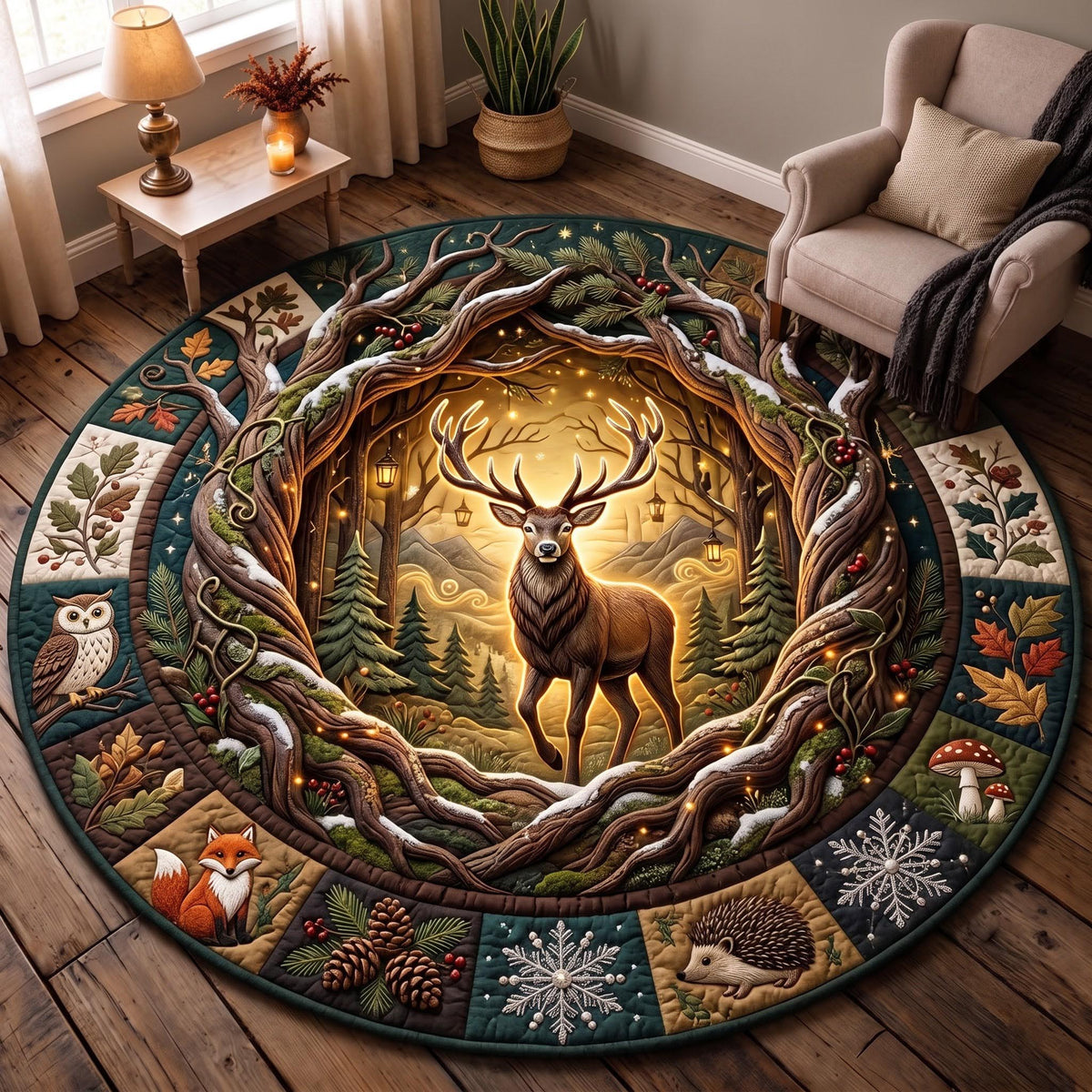 Golden Deer Round Mat Rug - Cute Animal Design | Charming Home Decor - washable non-slip printed rug