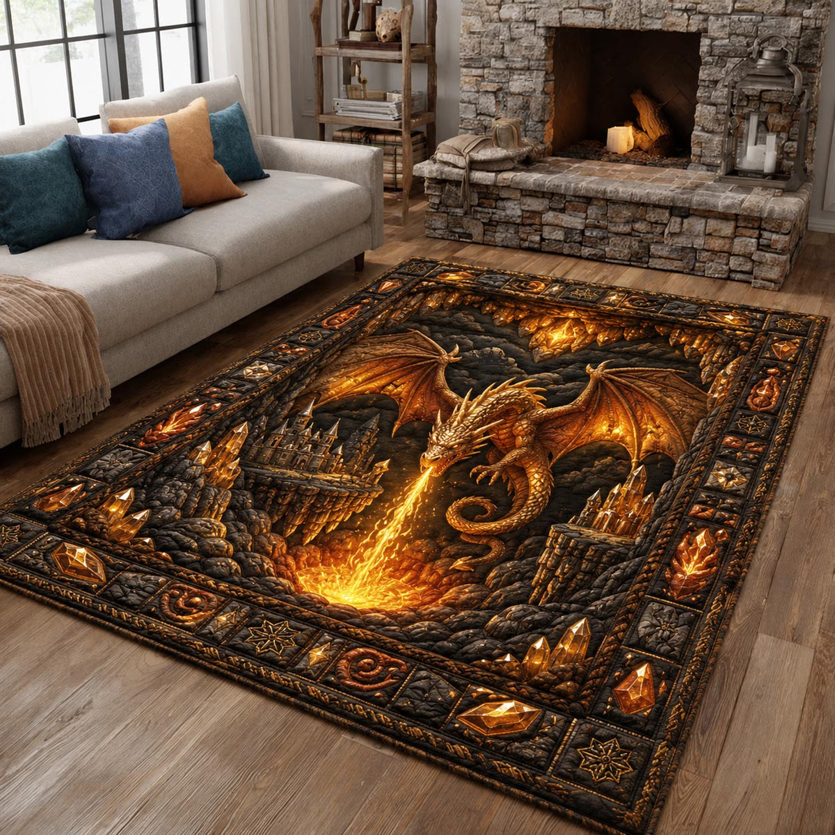 Golden Dragon area rug in a living room
