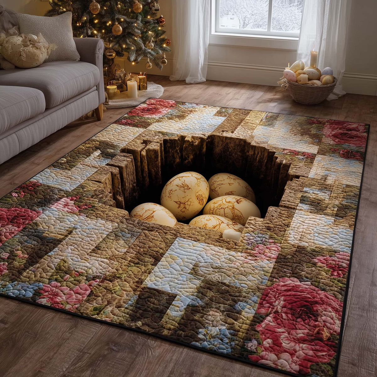 Golden Easter Eggs area rug in a living room