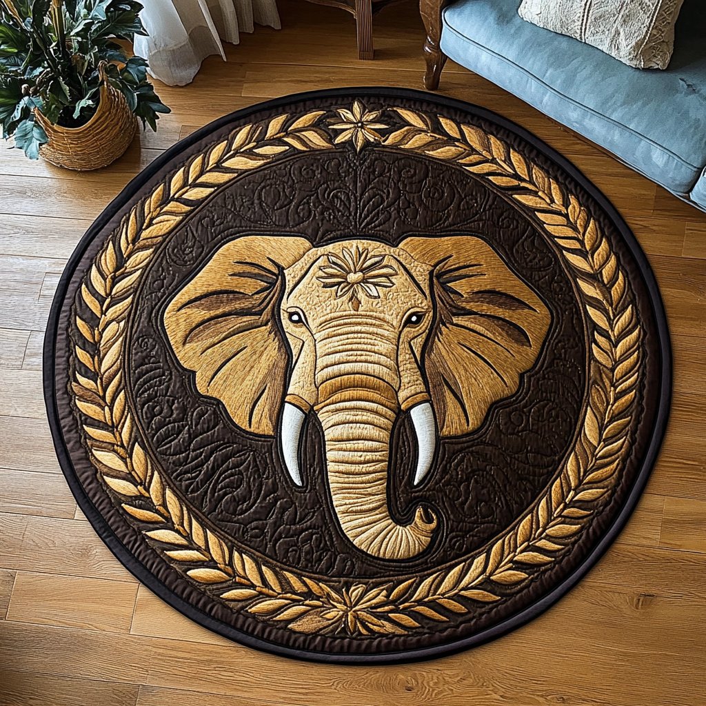Golden Elephant Round Mat Rug - Nature Design | Serene Home Decor
