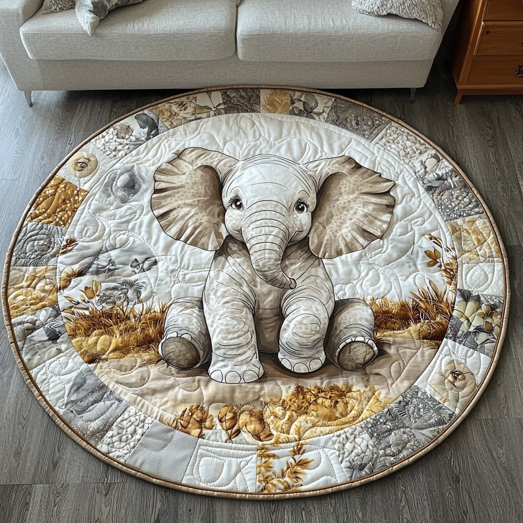 Golden Elephant Round Mat Rug - washable non-slip printed rug