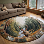 Golden Elk Round Mat Rug - washable non-slip printed rug