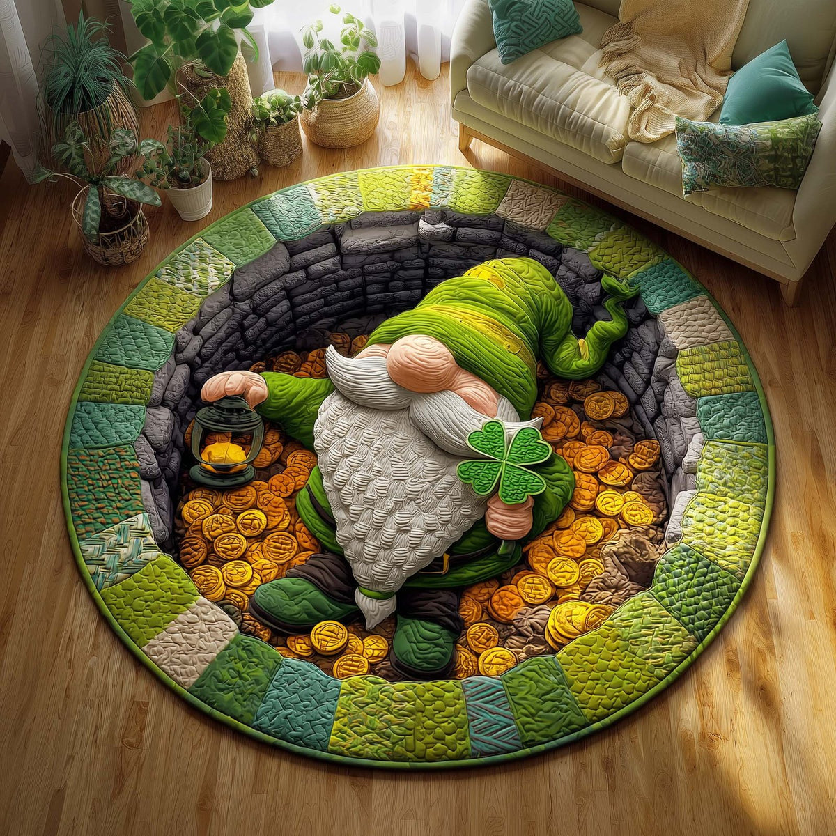 Golden Gnome Round Mat Rug - washable non-slip printed rug