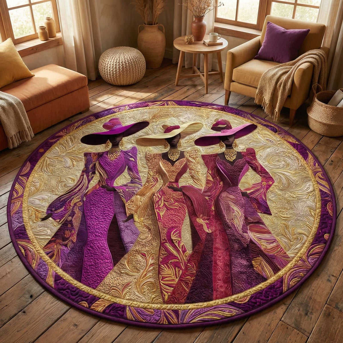 Golden Grace Round Mat Rug - washable non-slip printed rug