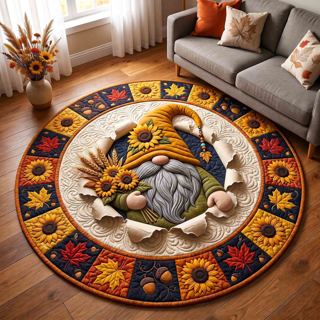 Golden Harvest Gnome Round Mat Rug - Nature Design | Serene Home Decor - washable non-slip printed rug
