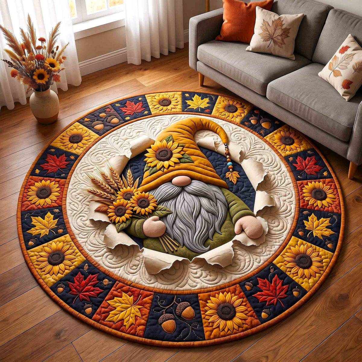 Golden Harvest Gnome Round Mat Rug - Nature Design | Serene Home Decor - washable non-slip printed rug