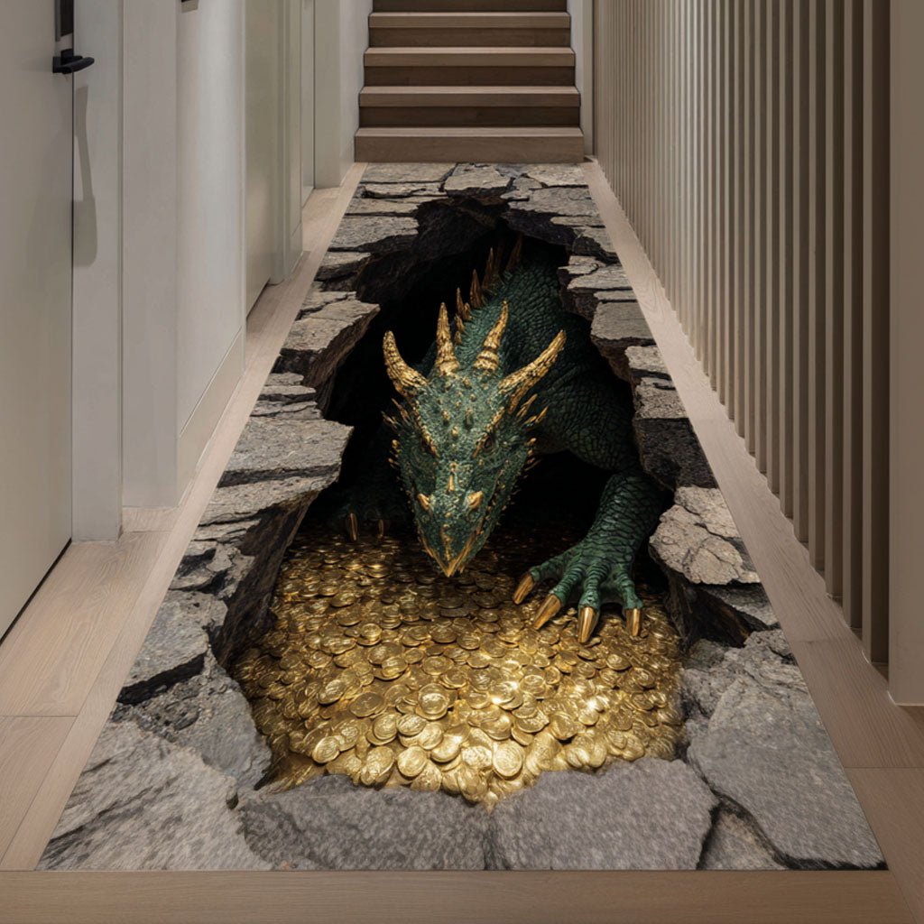 Golden Hoard Dragon Runner Carpet Runner Rug - Cute Pet Design | Animal Printed Runner Rug