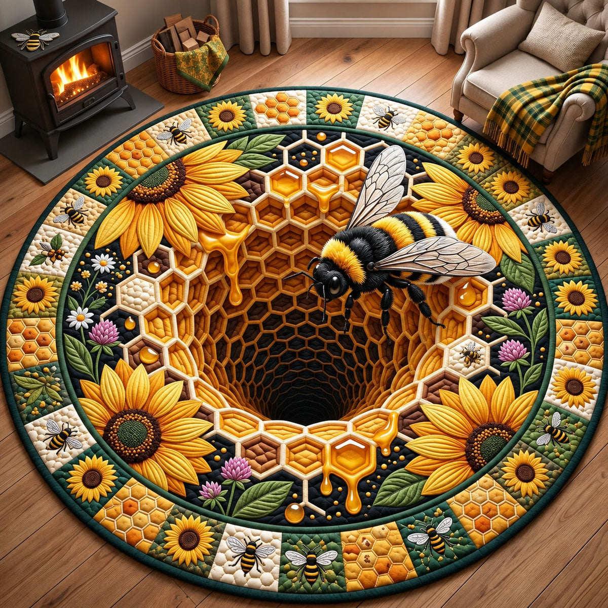 Golden Honeycomb Round Mat Rug - Nature Design | Serene Home Decor - washable non-slip printed rug