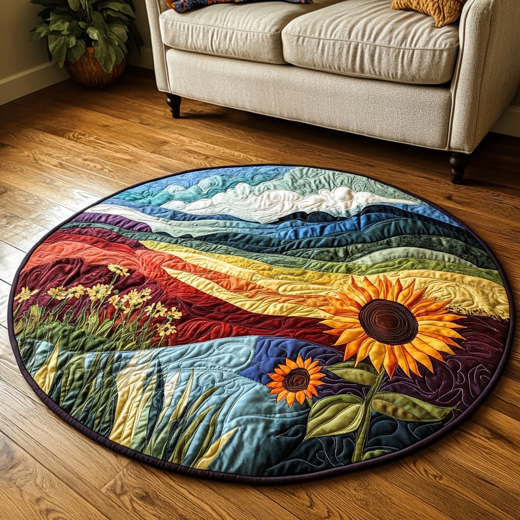 Golden Horizon Round Mat Rug - washable non-slip printed rug