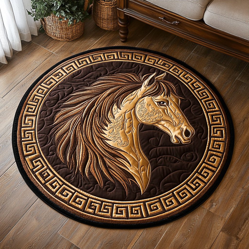 Golden Horse Round Mat Rug - Cute Pet Design | Animal Printed Home Decor